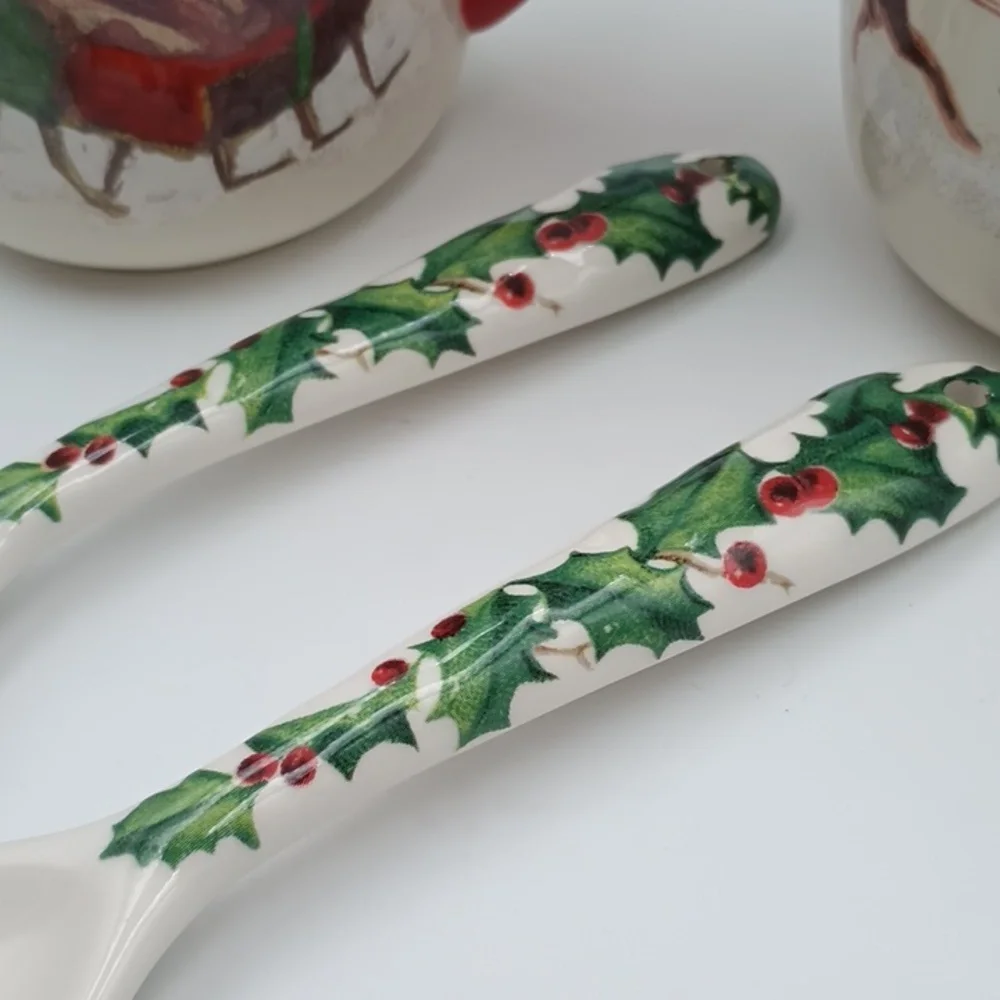 Williams Sonoma Pair Christmas Mugs & Spoons 2011 No Chips Cracks, Some Crazing